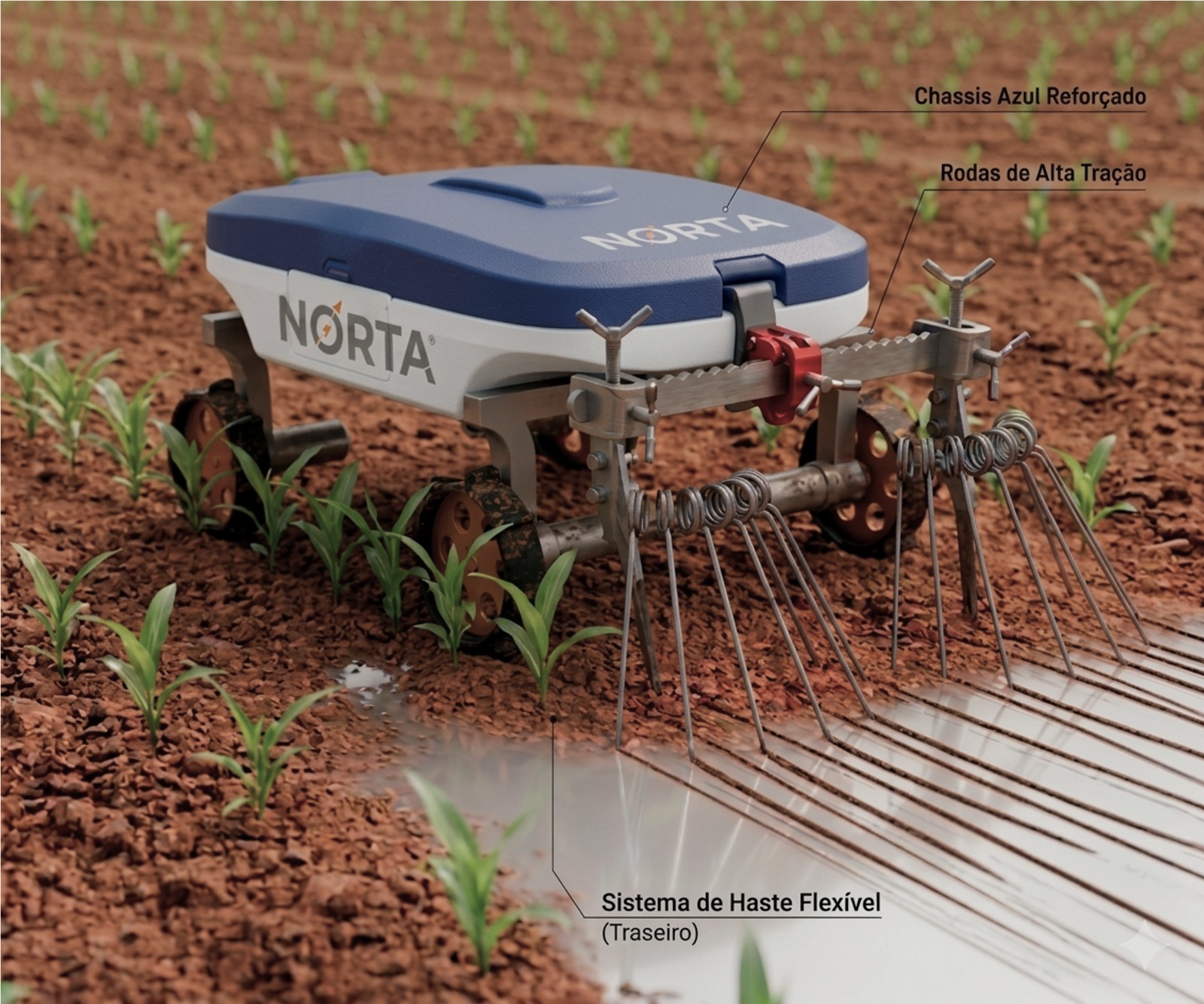 Protótipo real do robô Norta com implemento agrícola em área de cultivo